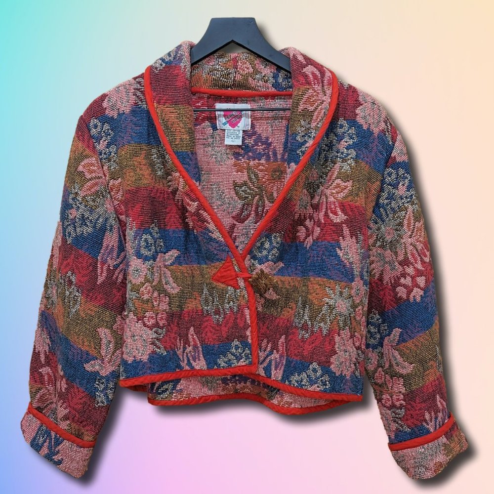 Women's Keren Hart Cropped Tapestry Blazer Vintage 100% Cotton Multicolor